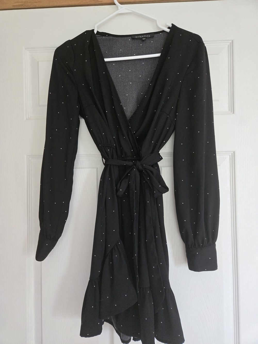 Dynamite Black Long Sleeve Faux Wrap Dress with White Dot Print
